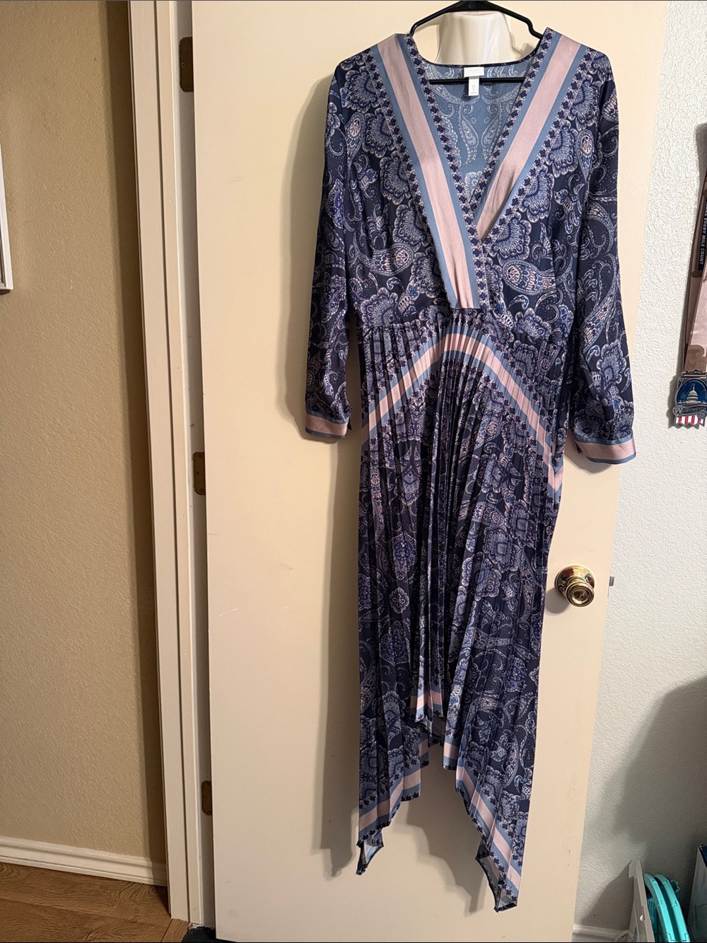 H&M Navy and Blush Paisley Asymmetrical V-Neck Dress with Pleated Skirt